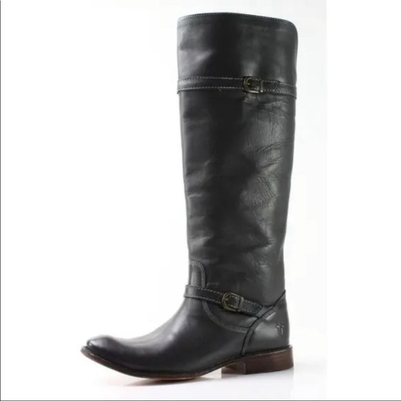 FRYE Shirley Black Tall Buckle Knee High Riding Boots Pull On Leather 6 - Picture 1 of 11